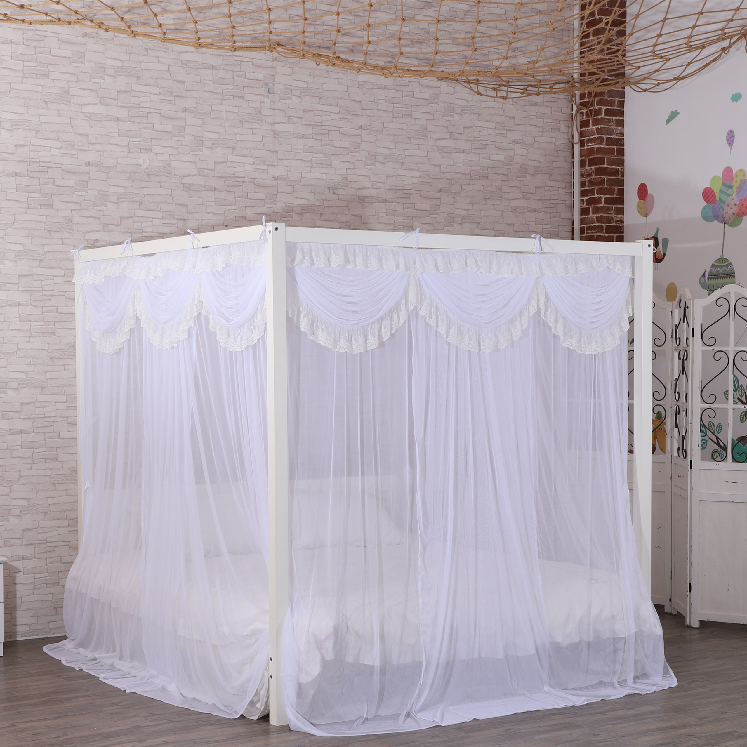 Nuevo diseño estilo princesa hermoso dosel de encaje malla interior decoración del hogar Red King Queen tamaño cama forma cuadrada mosquitera
