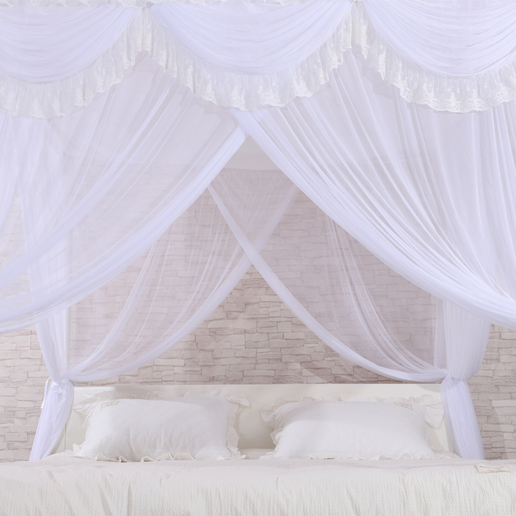 Nuevo diseño de poliéster blanco mosquiteros cuadrados camas con dosel para cama doble